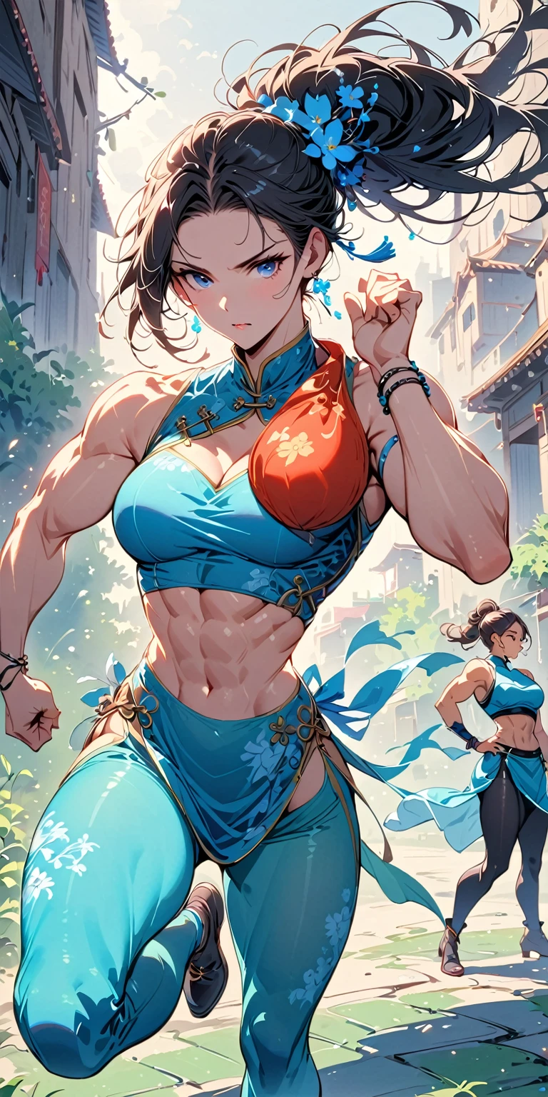 beautiful muscular woman and doing a knee strike, six pack, no men in background , Chinese dress crop top, and leggings, full body portrait
