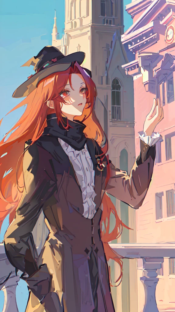anime girl with long red hair and hat standing on balcony, from cryptid academia, flirty anime witch casting magic, witch academia, marin kitagawa fanart, made with anime painter studio, artwork in the style of guweiz, delicate androgynous prince, painted in anime painter studio, guweiz, marisa kirisame, from girls frontline