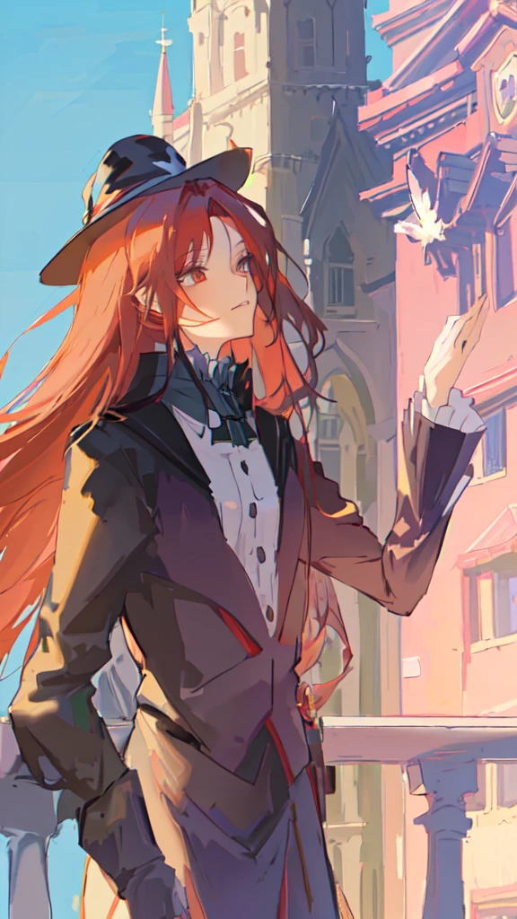 anime girl with long red hair and hat standing on balcony, from cryptid academia, flirty anime witch casting magic, witch academia, marin kitagawa fanart, made with anime painter studio, artwork in the style of guweiz, delicate androgynous prince, painted in anime painter studio, guweiz, marisa kirisame, from girls frontline