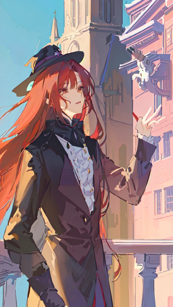 anime girl with long red hair and hat standing on balcony, from cryptid academia, flirty anime witch casting magic, witch academia, marin kitagawa fanart, made with anime painter studio, artwork in the style of guweiz, delicate androgynous prince, painted in anime painter studio, guweiz, marisa kirisame, from girls frontline