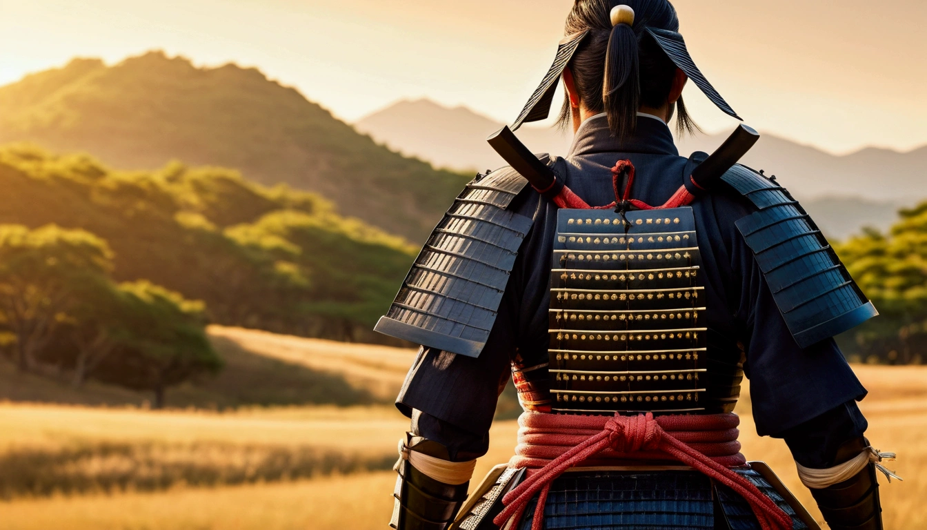 Traditional Japanese samurai armor,Back view,Severe,skilled swordsmanship,Classic Katana,The Samurai Code of Honor,Sacred Devotion,Authentic Japanese scenery,Summer steppe,Subtle light and shadow,Sublime Art,Manga style,Traditional woodblock style,Vibrant colors,Delicate line drawing,Subtle incense scent,Serene atmosphere
