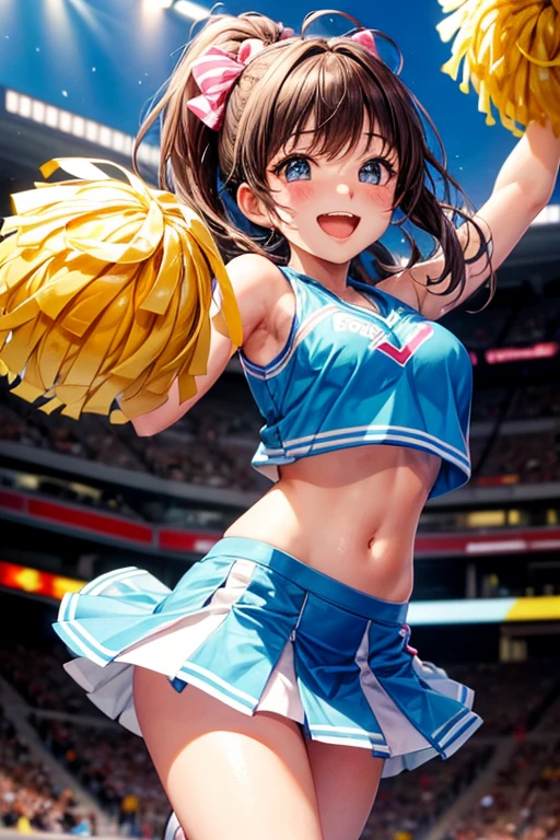 Cheerleader,One girl,cute,A big smile,Mouth wide open,I&#39;m rooting for you,hair_Two Side Up,hair_Money,eye_green,Costume_green,blush,Cheerleader pom-poms in hand