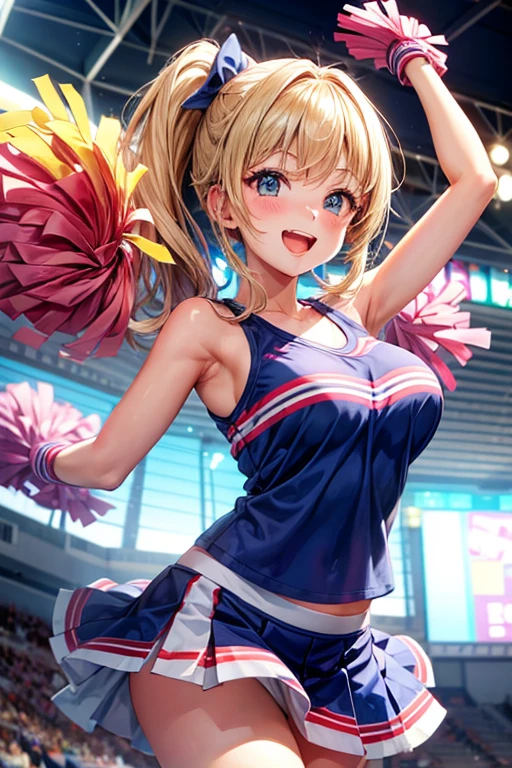Cheerleader,One girl,cute,A big smile,Mouth wide open,I'm rooting for you,hair_Two Side Up,hair_Money,eye_green,Costume_green,blush,Cheerleader pom-poms in hand