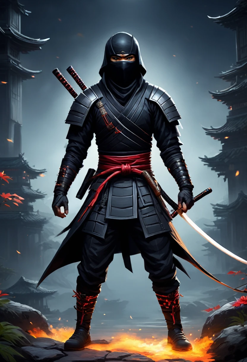 A ninja in biomeca style relay detailled and textured, in dreaming dark world, with katana and shuriken witj arms crossed
