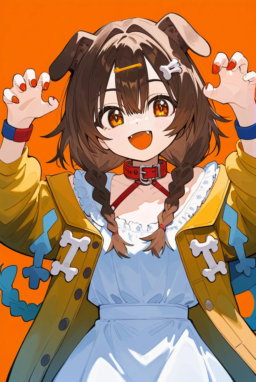 (score_9,score_8_up,score_7_up,score_6_up,score_5_up,score_4_up), 1girl, virtual youtuber, inugami korone, animal ears, solo, bone hair ornament, brown hair, hair ornament, twin braids, dress, braid, claw pose, dog ears, white dress, simple background, yellow jacket, looking at viewer, jacket, nail polish, collar, long hair, open mouth, red collar, hair between eyes, bangs, orange background, wristband, dog girl, low twin braids, smile, fangs, brown eyes, animal collar, jewelry, bracelet, open jacket, feet out of frame, buttons, hairclip, open clothes, short dress, collarbone, long sleeves