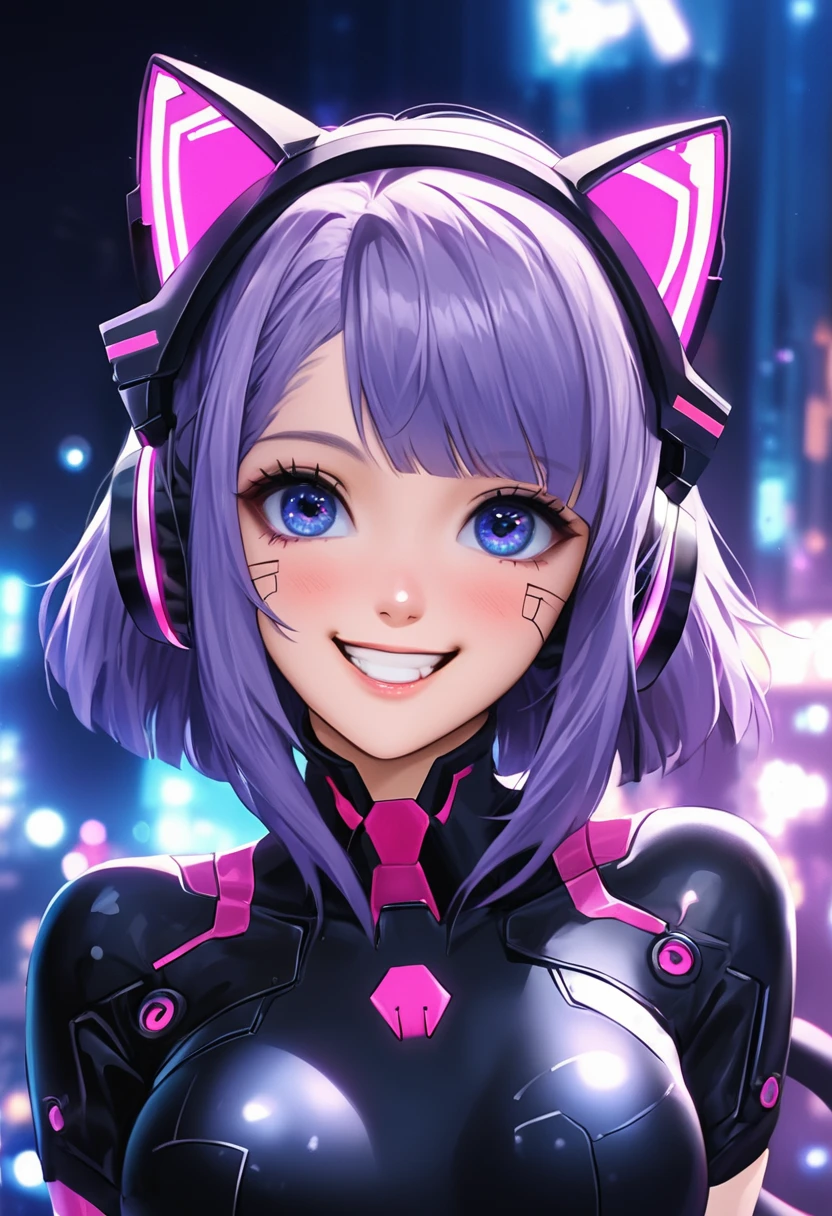 A cyberpunk-style girl of about is standing in front of me.。Purple bob hair、Wearing cat ear headphones、Her black pilot suit-style outfit accentuates her figure.。With a proud smile、There is something cute about that expression, like a cat.。Her presence is overwhelming.、A background of the lights and shadows of a future city、She looks like the protagonist of a story.。The saturation is high、The screen is dark、Purple and blue are the main colors。