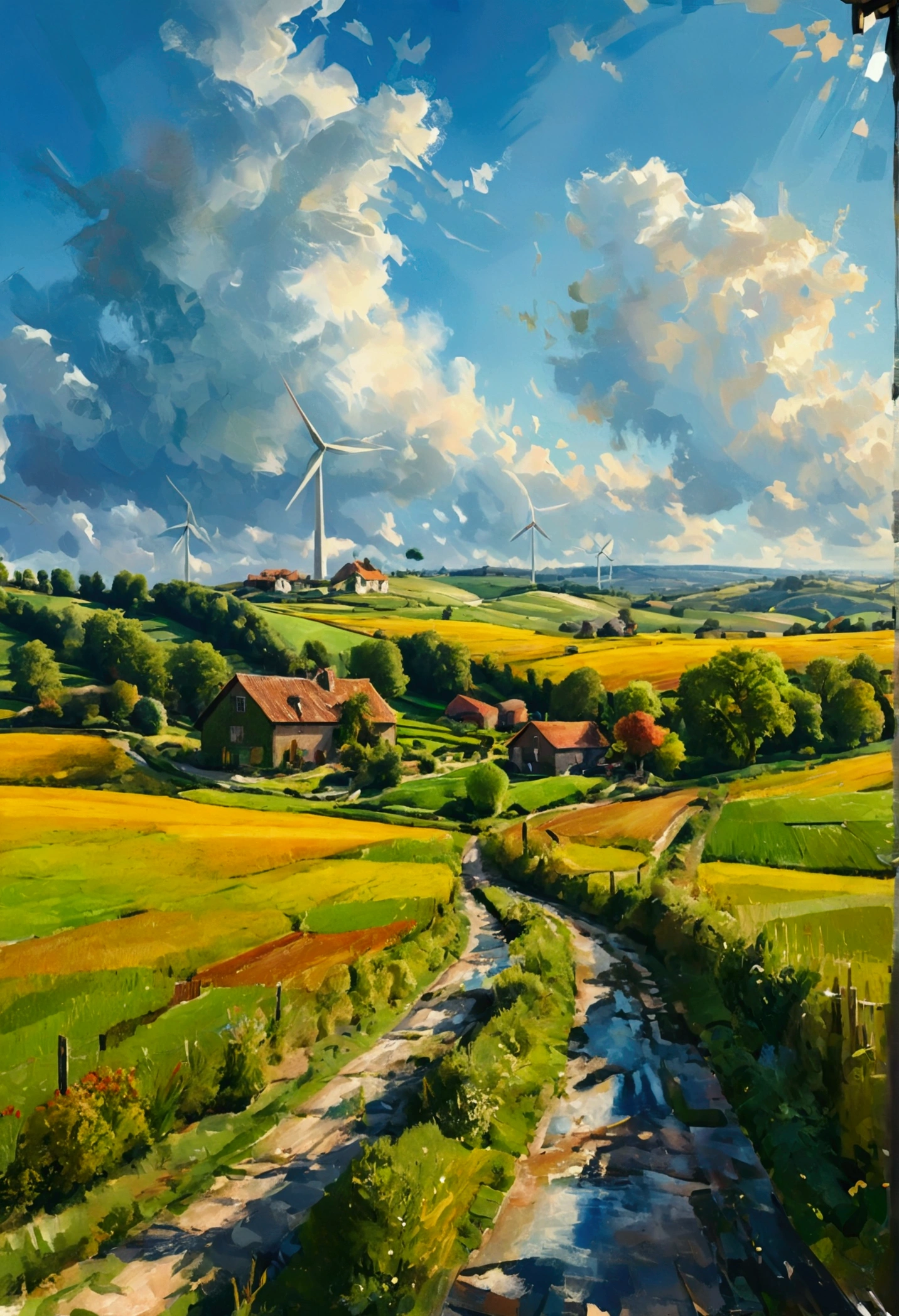 Ultra-high resolution,Rolling countryside,Green fields and farmhouses in the distance,reflected light,Medium shot,Highest image quality,8K分辨率,Mosaic,Hard edge painting,Watercolor,8K,Matte look,Color Palette,Impressionism,Ultra wide angle,Ultra HD,Ultra-fine details,Octane Rendering,Studio-Quality Expressionism,Wind Turbines,