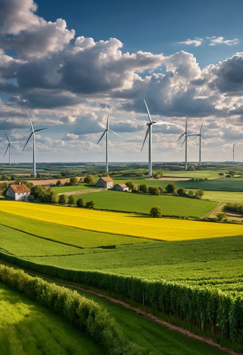 Ultra-high resolution，Rolling countryside，Green fields and farmhouses in the distance，reflected light，Medium shot，Highest image quality，8K分辨率，Mosaic，Hard edge painting，Watercolor，8K，Matte look,Color Palette,Impressionism,Ultra wide angle,Ultra HD,Ultra-fine details,Octane Rendering,Studio-Quality Expressionism，Wind Turbines，