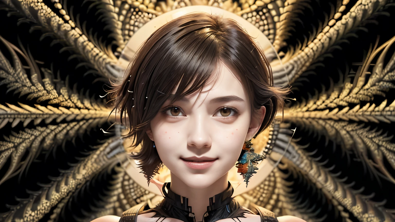 256 19-year-old female, (short hair),(Abstract background,Fractal Art:1.46), smile