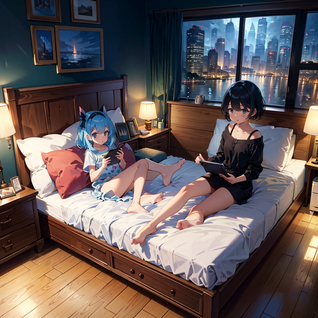Masterpiece, highest quality, high resolution background, bright and beautiful atmosphere, 3 girls (, 1 short-tempered round face), 1 (hair, surface effects), small breasts, my room, small room, On the bed, a girl sitting on the bed, a girl holding a smartphone in one hand and looking at the monitor, a dating magazine placed on the bed, "deltamon_sdXL :0.73) >Deltamon