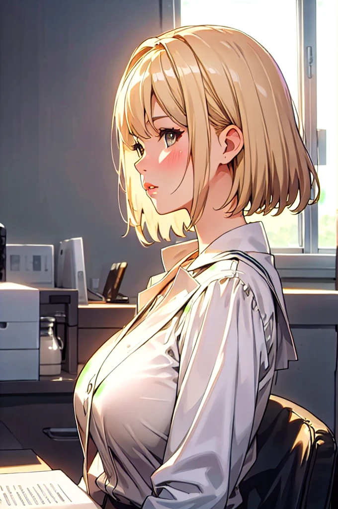 1 girl, side view, in a office, office suit, blonde, beautiful detailed white eyes, short haircut, chocker, beautiful detailed lips, extremely detailed face, Morning, upper body, 8k, raw photo, best quality, masterpiece, realistic, photo-realistic. large breasts