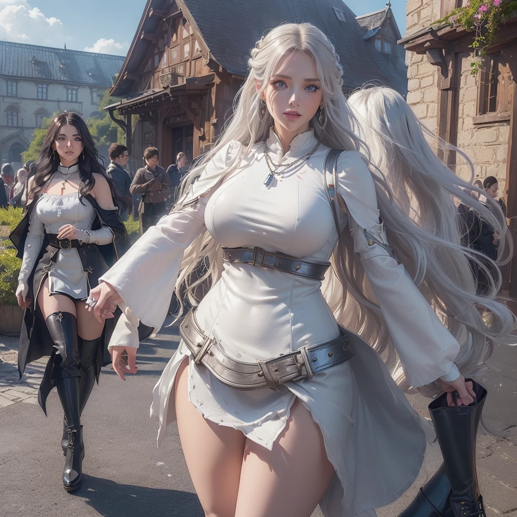 Create a beautiful girl,(Realistic 3D anime style) ,brown skin , tall statue,(He wears a long beige cloak with a hood over his clothes.) ,((He wears a cape tied with two silver chain brooches. , wavy white hair,(rostro redondo ultra detailed, cymetric face),(Perfect beauty), pointy ears,(well detailed blue eyes), (sharp eyes with long eyelashes), (splattered nose ),(full lips), (perfect smile),(body with beautiful curves), ((very big breasts)), (narrow waist),(( Wide hips)),(((thick thighs))),She is wearing a low-cut white dress with long sleeves.,high collar qipao, (iridescent metal earrings and necklace),gloves with dark blue leather cuffs, wide leather belt with silver metal buckle,short black skirt, black low-heeled ankle boots with laces and flap ,high to mid-thigh,dynamic pose,walking down a street of a beautiful fantasy medieval city with tall houses, half-timbered houses with plaster walls ,with brick-colored gable roofs,(house walls painted with different colors),decorated with hanging gardens with flowers of many colors, city located on the banks of a river, on a sunny day with clouds, Masterpiece,high quality ,ultra detailed,vivid colors, ((Girl's clothing decorated with fine intricate details)),girl looking at the camera, the scene captured from a low camera angle at a medium distance.