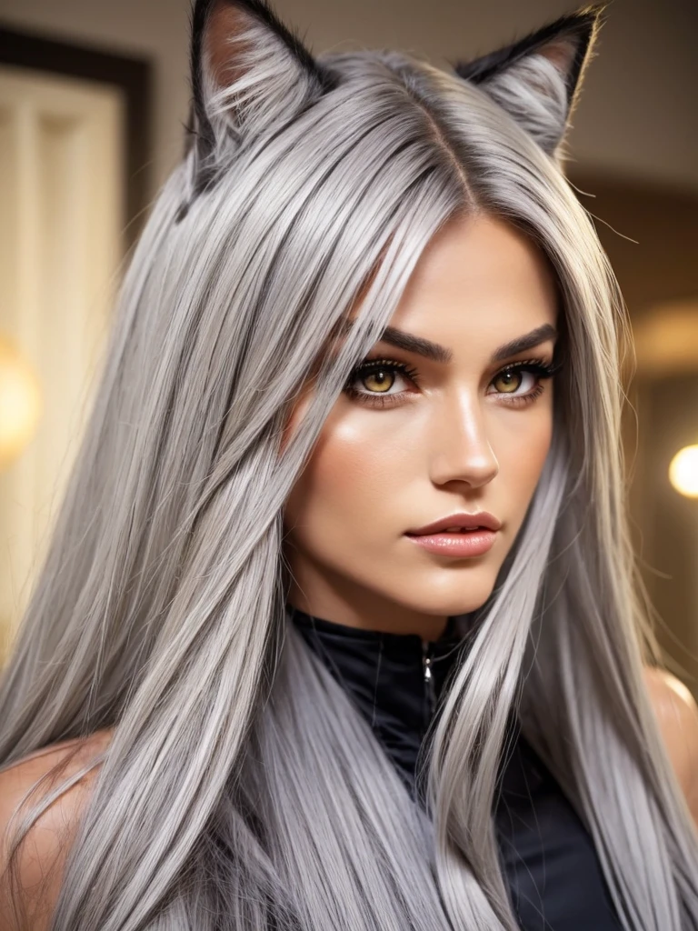 Gray hair. Tall athletic woman with cat ears. Cat girl with. Height 180cm. Amber eyes. Cat eye shape. Rough but beautiful facial features. European eye shape.