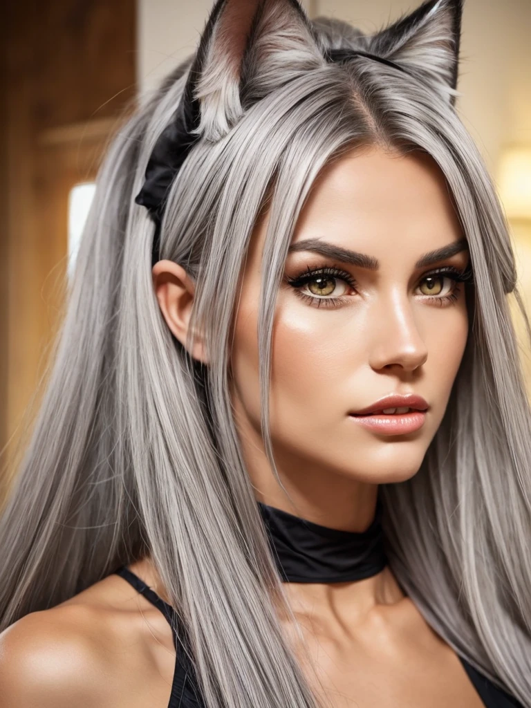 Gray hair. Tall athletic woman with cat ears. Cat girl with. Height 180cm. Amber eyes. Cat eye shape. Rough but beautiful facial features. European eye shape.