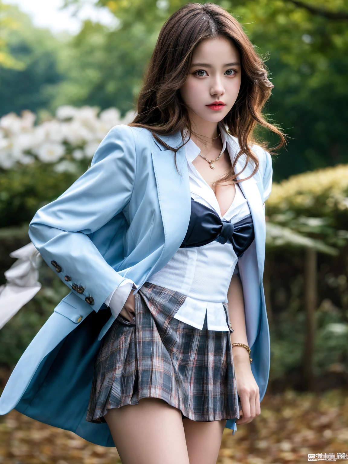 One 、She is the most beautiful actress in the world、Perfect body proportions of this girl with her big breasts、A formal shirt and blazer are worn on the upper body.、The crotch of her panties between her bare legs is barely hidden by her short skirt、Only the front of her body is visible、 She stands straight in the street、NSFW、Highest quality、Very detailed、masterpiece、Ultra-high resolution、Photorealistic、8K、RAW Photos