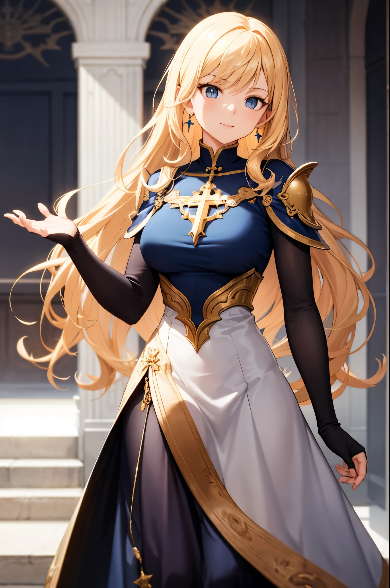 ((Masterpiece artwork, top-quality, official anime art, beautiful and aesthetic:1.2)), (1 girl:1.3), (full head: 1.9), (Clothing must cover the entire body), (Loose or baggy dress on the body), (Holy Commander Knight, slender and blonde), solid colors, a noble and mature Catholic woman, looking at the observer, soft smiling, Soft makeup, mysterious, set in medieval Europe, The woman has 1.68 m high, graceful pose, woman with blonde hair, slightly long hair, fine wavy hair, flowing hair tied with beautiful ornaments, asymmetrical bangs, wear earrings, blue-gray eyes with a slight greenish tint, glare eyes, perfects eyes, face perfect, Delicate Lashes, sacred vestment, guild outfit with super light and thin ornate armor, long modest dress, white and black dress with minimal details in blue and gold, the dress should fit loosely on the woman&#39;s body, the woman wears a golden Christian cross around her neck, The character must only be visible from the front, completely natural position, meticulous portrait of the face, inside a castle, perfect background, soft lighting.