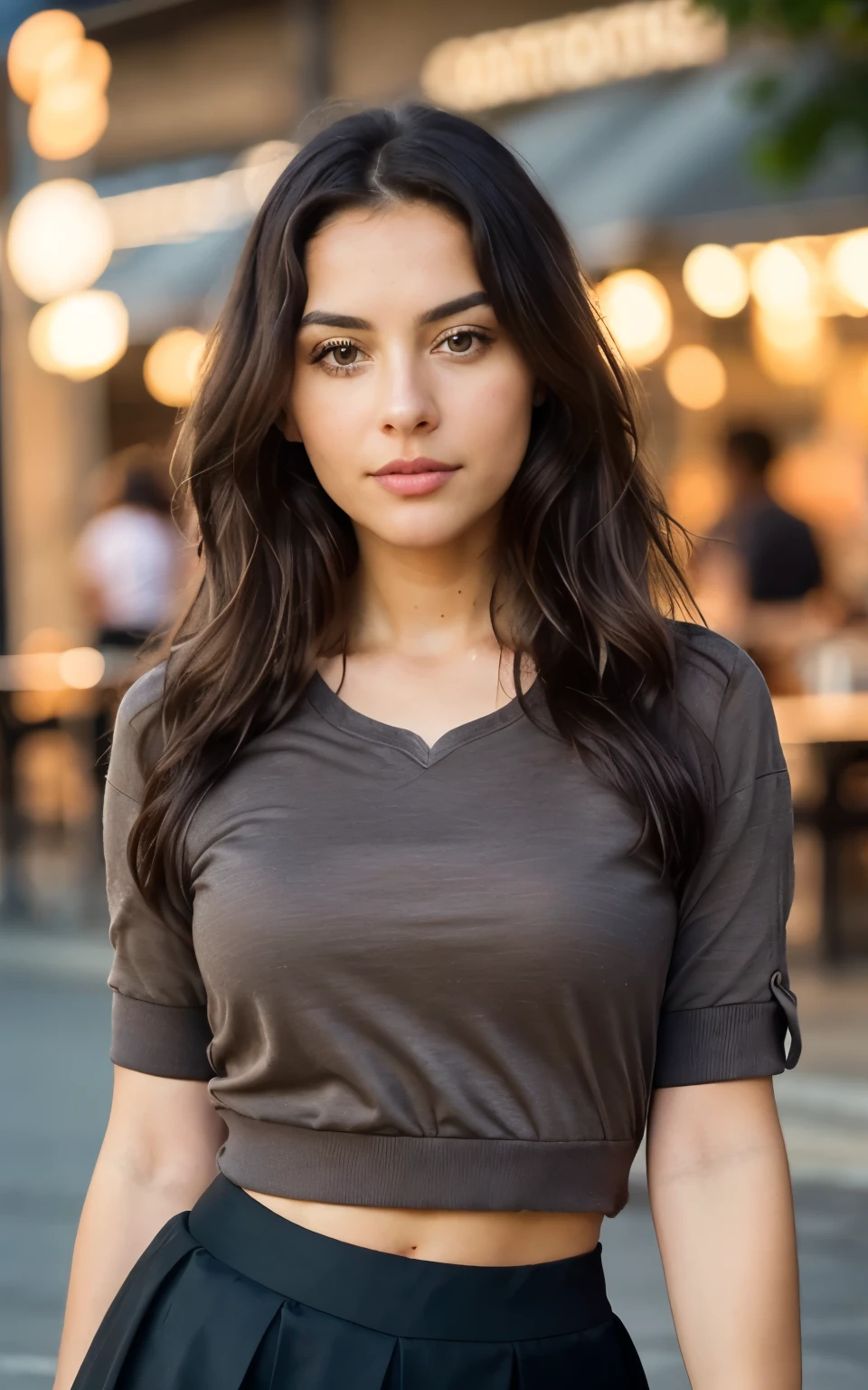 1 woman, long wavy hair, Dark brown eyes, high, Short skirt, (Dentro de una cafetería moderna al atardecer fotorealist, realist, Post processing, maximum detail, roughness, real life, ultra realista, fotorealism, Photography, 8k hd, Photography