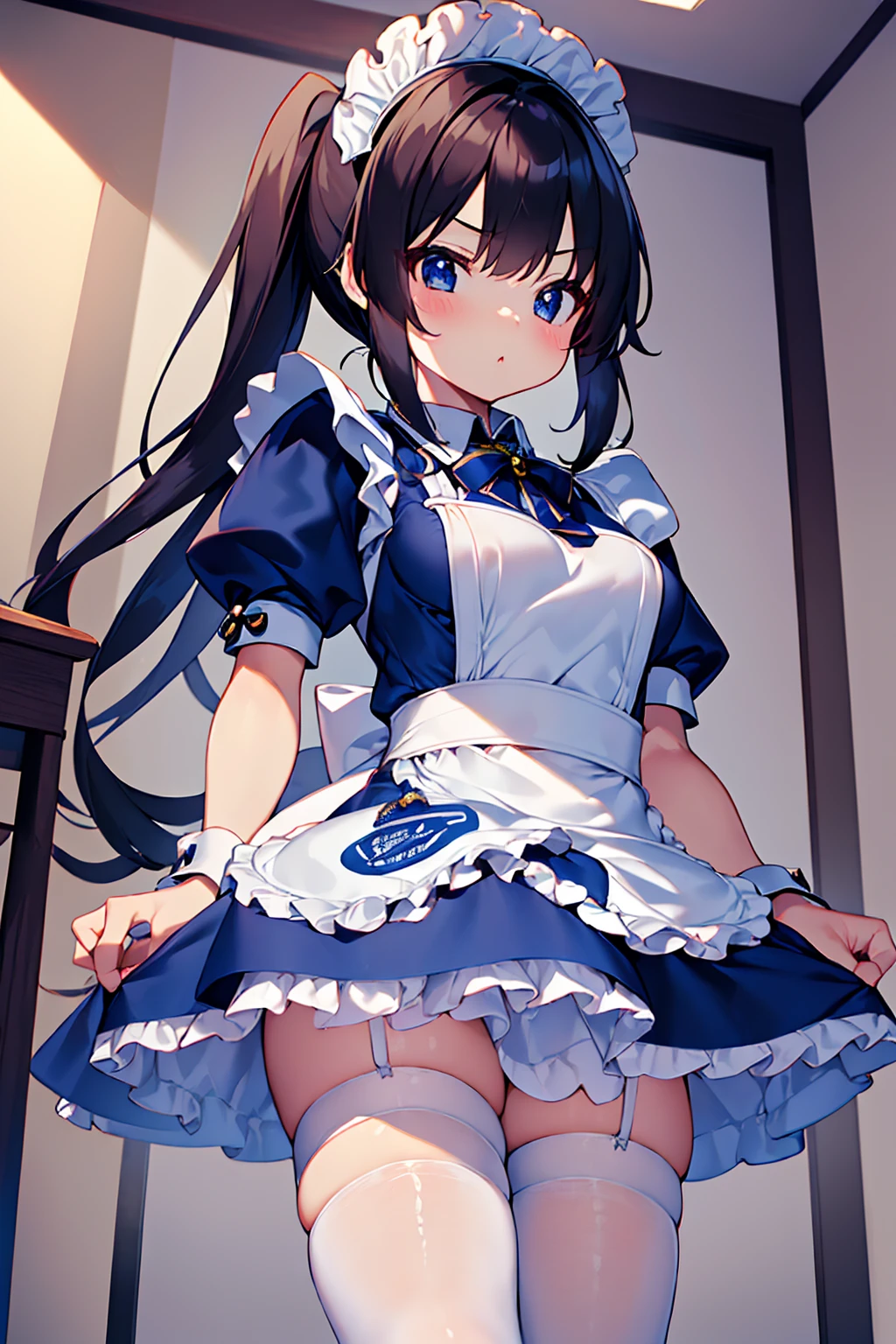 masterpiece, best quality, ultra detailed,super fine illustration, highly detailed beautiful face and eyes, 1girl, (cute), (kawaii), small breasts, (traditional maid collared shirt:1.3), mini skirt, (navy high socks), ponytail hair, standing, noshoes, (from below:1.3),