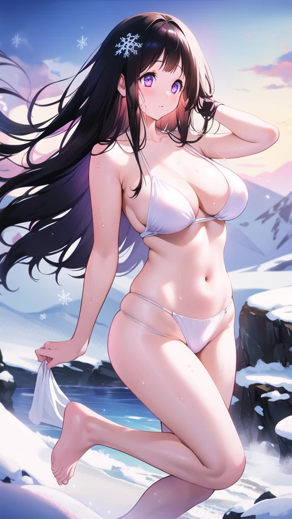 Chitanda,只有一个beautiful girl,Purple Eyes, Black Hair, Natural straight hair, Straight bangs,Extremely refined,open your lips,Face is so red,Very white skin,Skin as delicate as porcelain,Glowing skin,big eyes,Flowing long hair,beautiful girl, Like a dream,Slim,Slim waist,Soft, (Sensual), (Kawaii), Dream quality,Sweaty and sweaty,Wet skin,Side breasts,snowflake,Playing in the snow on the snow mountain,Handstand,White transparent bikini,Profile,(Completely naked),Gluteal groove,The outline of the breasts is visible through clothing,Completely naked的背部,nacked hip,very close,Deep V neckline,Loose neckline,Beautiful big breasts,No pants,nopan,no pants,Bare shoulders,There are no shoulder straps,Exposed collarbone,Delicate clavicle,Delicate hands and feet,Bare neck,There are no clothes around the neck,Bare thighs,Exposed groin,Camel toe,extremely shy,Ultra-high resolution, (masterpiece:1.2, best quality), (Delicate and beautiful eyes: 1.2), (Beautiful and delicate face)