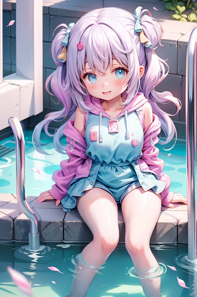 masterpiece, best quality, highres, 1girl, detailed face, blush, anime CG style, (medium breasts), (18 year old girl:1.3), (aged up), good lighting, perfect body, sakura kinomoto, glossy lips, swimsuit, sitting, pool edge, (leaning forward), from below