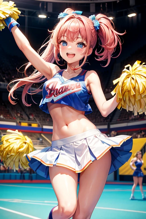 Cheerleader,One girl,cute,A big smile,Mouth wide open,I'm rooting for you,Twin tails,Two Side Up,hair_Money,eye_green,Costume_green,blush,Cheerleader pom-poms in hand