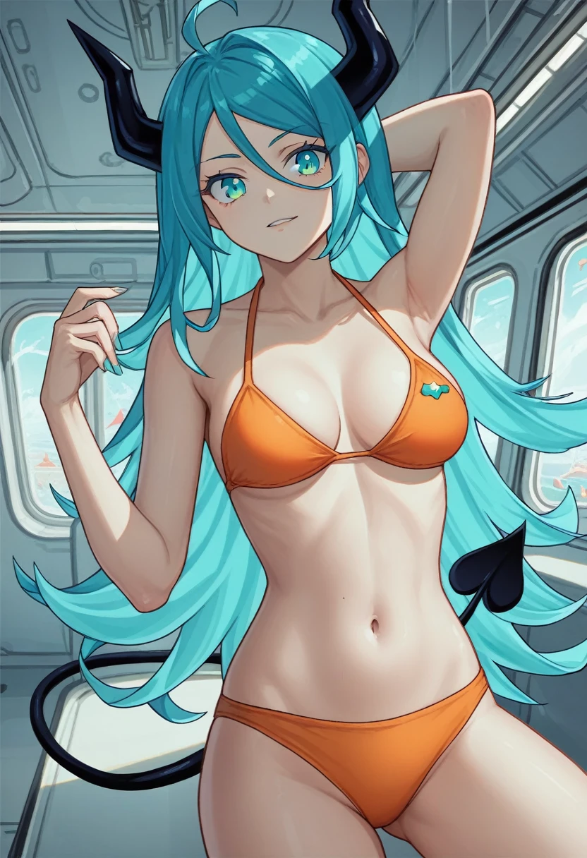 score_9, score_8_up, score_7_up,1 daemon woman, black horns, black demon tail, (aquamarine hair),aquamarine green color hair,ahoge, long hair, (long hair),bangs, light orange bikini, bikini is orange, bikini orange, orange bikini!, (aquamarine eyes), background is spaceship, aquamarine eyes, 1woman ,facing viewer, daemon girl, close up,Well-endowed, alone, Spacecraft interior, sexy pose