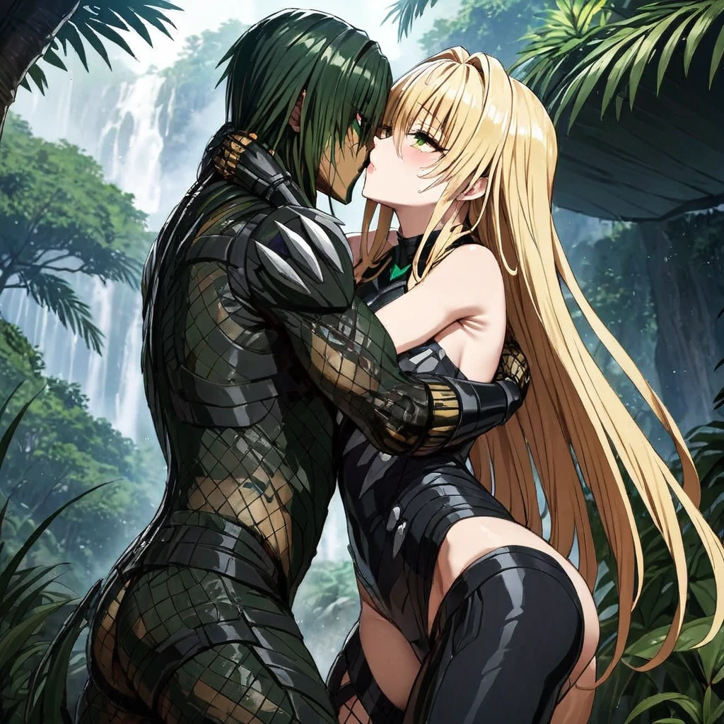 ((Highest quality)), ((masterpiece)), (detailed), (Perfect Face)、The woman is Tiare, a female predator with green eyes and medium-long blonde hair, wearing a black predator bodysuit.、In the jungle, she is having sex with a predator while hugging and kissing him.、The predator is having sex with the woman while embracing and loving her