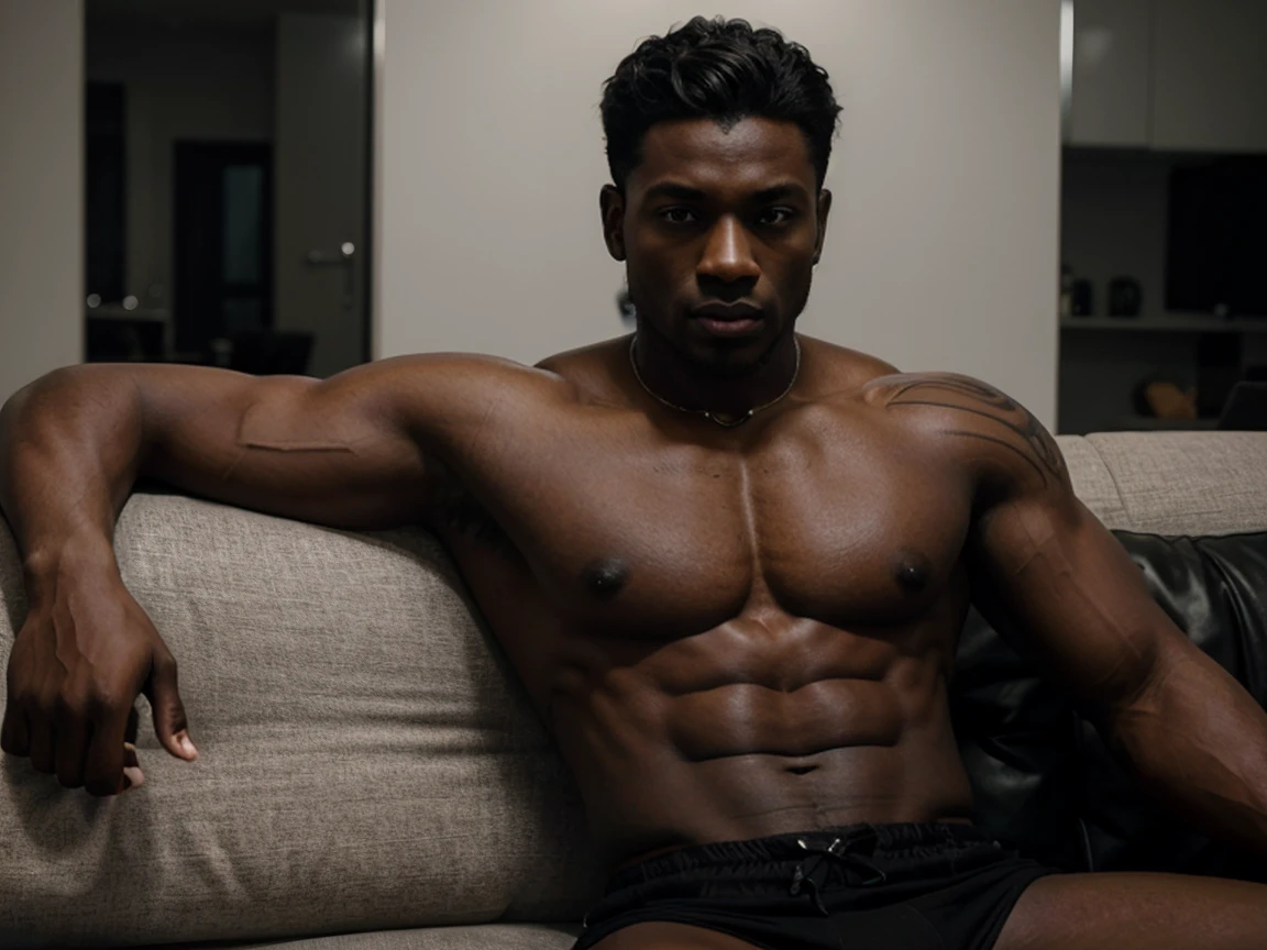 a young man, handsome, Good looking, Dark skin, have muscles,Big shape,Screenhead hair, Full body tattoo, Sit on a black sofa, Take off clothes.