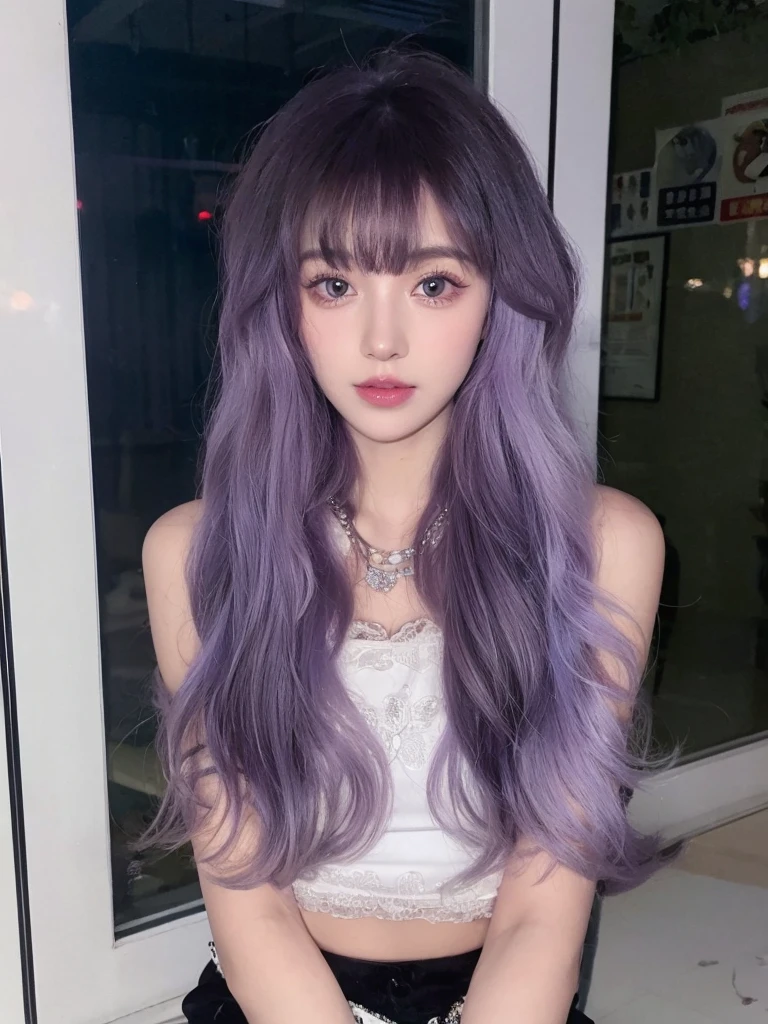 Purple long curly hair，Natural and beautiful hair，The background is simple and clean，