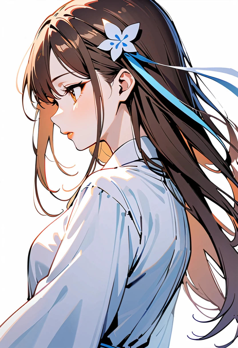 adult、woman、profile、look back、Brown Hair、Long Hair、Close up of upper body、A large light blue ribbon hair ornament、Orange lipstick、Cute white clothes、White background