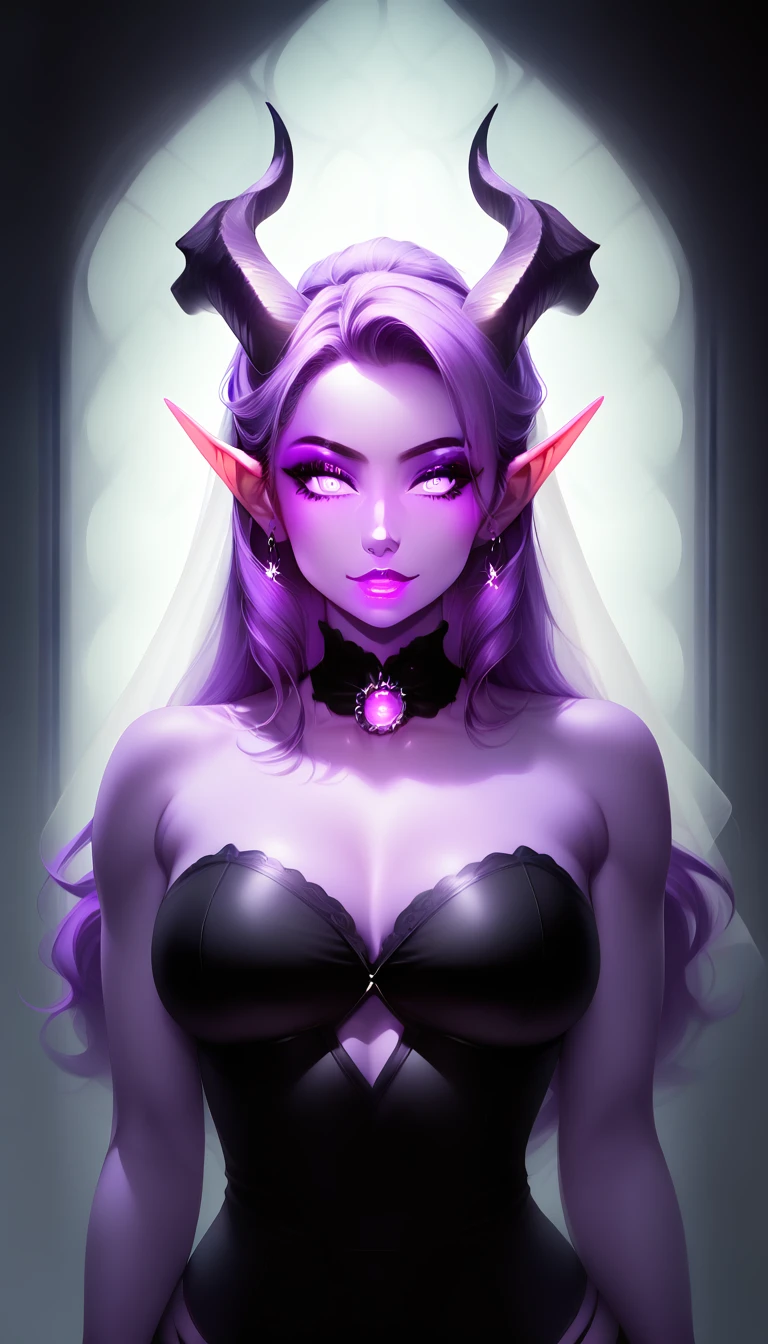 score_9, score_8_up, score_7_up, 1girl, solo, 
(flowing hair, glowing blue eyes, curved ram horns, sharp ears, purple skin), demoness, (stark white background, limited purple palette, monochromatic, eerie atmosphere,)
(light wedding dress), seductive,