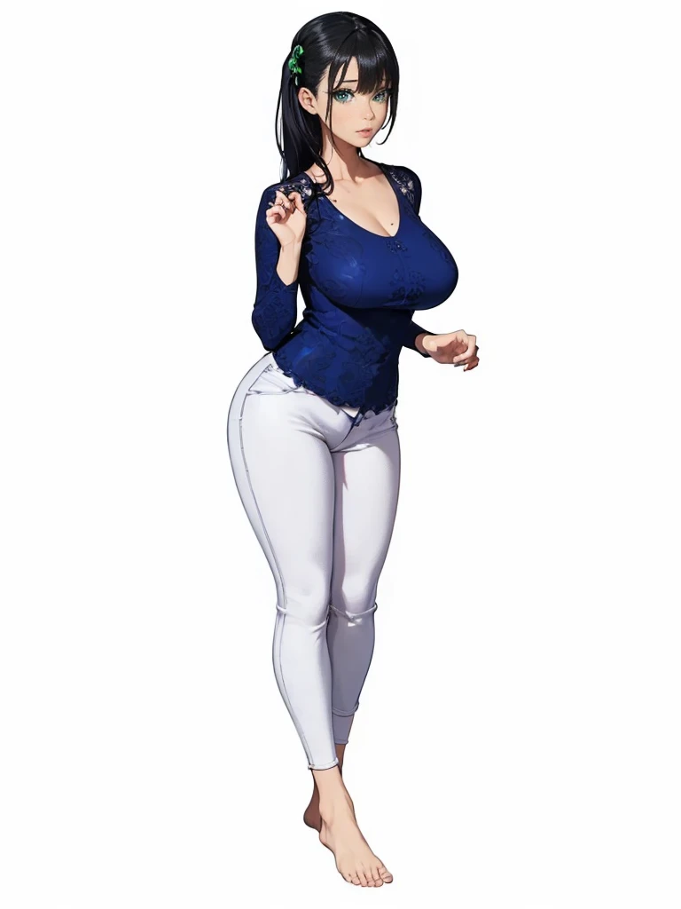 ((1girl, solo)), ((mature female)), beautiful body, (perfect anatomy, perfect body, perfect hands, perfect legs), (five fingers:1.5), natural proportions, sexy body, large breasts, cowboy shot BREAK
((extremely detailed face)), (beautiful detailed eyes:1.6), (realistic pupils, realistic iris:1), expressive eyes, looking at viewer, (clear eyes:1.3), (hyperrealistic:1.2), (detailed skin texture:1.2), smooth skin, (green eyes:1.5), (black hair:1.5), (long hair), bangs, hair over shoulder, scrunchie, (detailed lips:1.2), (attractive lips:1.1), (glossy lips:1.1), open mouth, blush, perfect face, perfect eyes BREAK
(blue shirt), collarbone, cleavage, long sleeves, (white pants), skin tight, barefoot BREAK
(masterpiece:1.5), anime-style, top quality, best quality, (beautiful and aesthetic:1.2), (ultra detail:1.5), Ultra-detailed depiction, Ultra-precise depiction, extremely detailed 8k illustration, high resolution, (highly detailed shading:1.2), (realistic lighting:1.4), perfect lighting, vibrant colors, dynamic tones, striking hues, 8k, absurd resolution, perfect shadows, hdr, UHD, ambient lighting, realistic, ultra-realistic, photo realistic, highly detailed, rich detail, luminous colors, fine texture, intricate design, professional illustration, (soft light:1.2), (illustration:0.7)