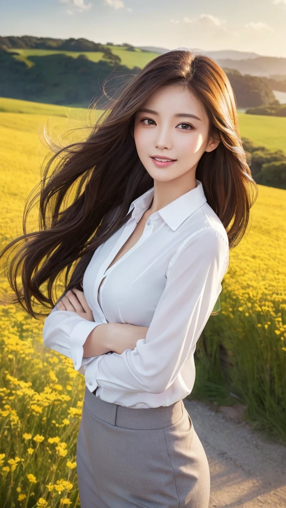 highest quality、genuine、Super detailed、finely、High resolution、8k wallpaper、one beautiful woman、、、light brown disheveled hair、wearing a business suit、sharp focus、perfect dynamic composition、beautiful and detailed eyes、thin hair、Detailed genuine skin texture、smile、model body shape、In a windswept meadow