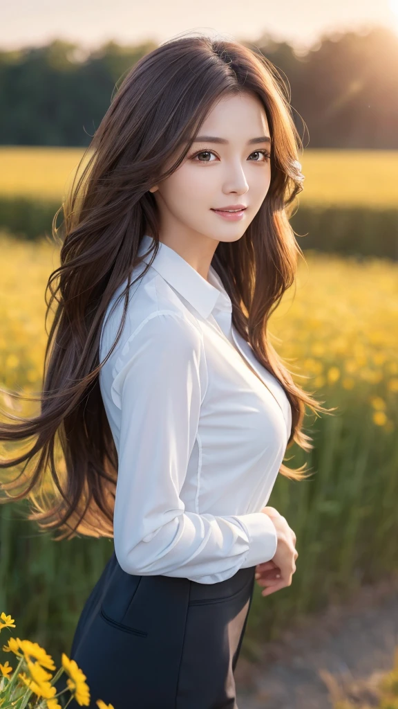 highest quality、genuine、Super detailed、finely、High resolution、8k wallpaper、one beautiful woman、、、light brown disheveled hair、wearing a business suit、sharp focus、perfect dynamic composition、beautiful and detailed eyes、thin hair、Detailed genuine skin texture、smile、model body shape、In a windswept meadow
