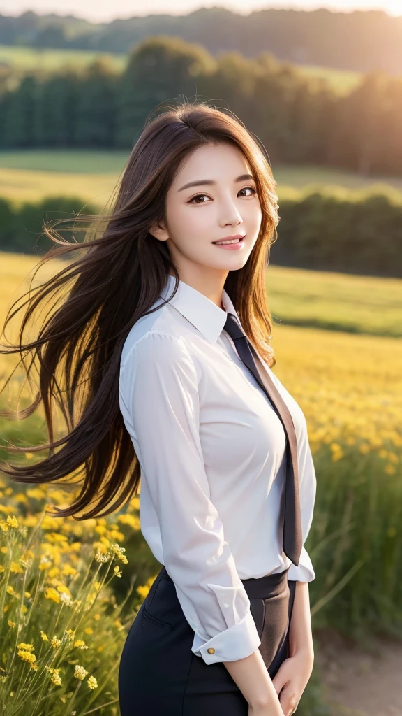 highest quality、genuine、Super detailed、finely、High resolution、8k wallpaper、one beautiful woman、、、light brown disheveled hair、wearing a business suit、sharp focus、perfect dynamic composition、beautiful and detailed eyes、thin hair、Detailed genuine skin texture、smile、model body shape、In a windswept meadow