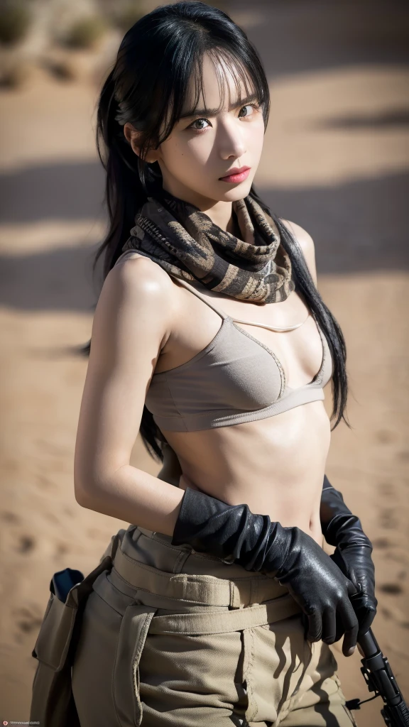 sexy top, small breast, gloves, serious face, black cargo pants, assault rifle, desert scarf, scarf covering mouth, desert oasis, extremely detailed eyes, extremely detailed face, best quality, extremely detailed, one person, one girl, ultra-detailed, (realistic, photo-realistic:1.3)