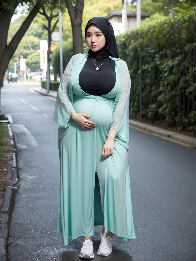 a woman random poses hijab, bbwchan, thicc, random hijab outfit, random color hijab fashion model, asia girl, asia woman, wearing random robe, full length shot, alluring plus sized model, japanese goddess, clothed in hooded, voluptuous and arousing, portrait shot, curvy model, voluptuous body, wonderful, nene tanaka body , bbwchan, The overall atmosphere is smooth , haunting illustrations, extremely high-resolution details, photographic, realism pushed to extreme, fine texture, 4k, ultra-detailed, high quality, high contrast, random Color sneakers , full body view , big cleavage , big pregnant , milf , white color skin , slim body , young age , thin body, sexy ,1 malay girl, modern plain hijab, shy, medium portrait, watery eyes, wearing dark green kebaya, ((big breasts)), black bokeh background, well-proportioned body,, chubby massive thighs, full body pose, wearing a necklace , wearing 10 bracelet , wearing a sneaker 