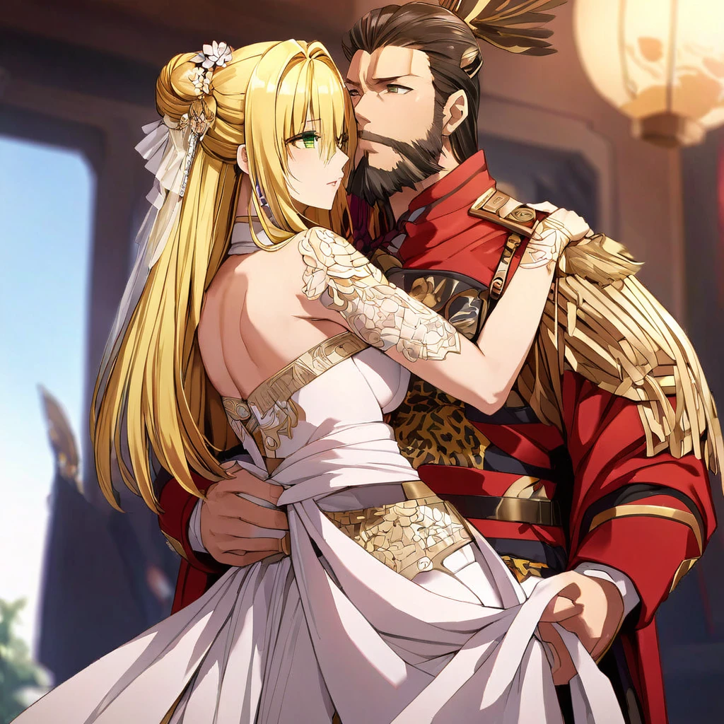 ((Highest quality)), ((masterpiece)), (detailed), （Perfect Face）、The woman is Tiare, with green eyes and medium-long blonde hair.、The woman is a beautiful ancient Chinese military commander who was chosen by the emperor and is now a bride at her wedding.、The woman is being held in the arms of the emperor and is happily kissing him as a promise.、The emperor is a man, middle-aged and dignified with a beard.