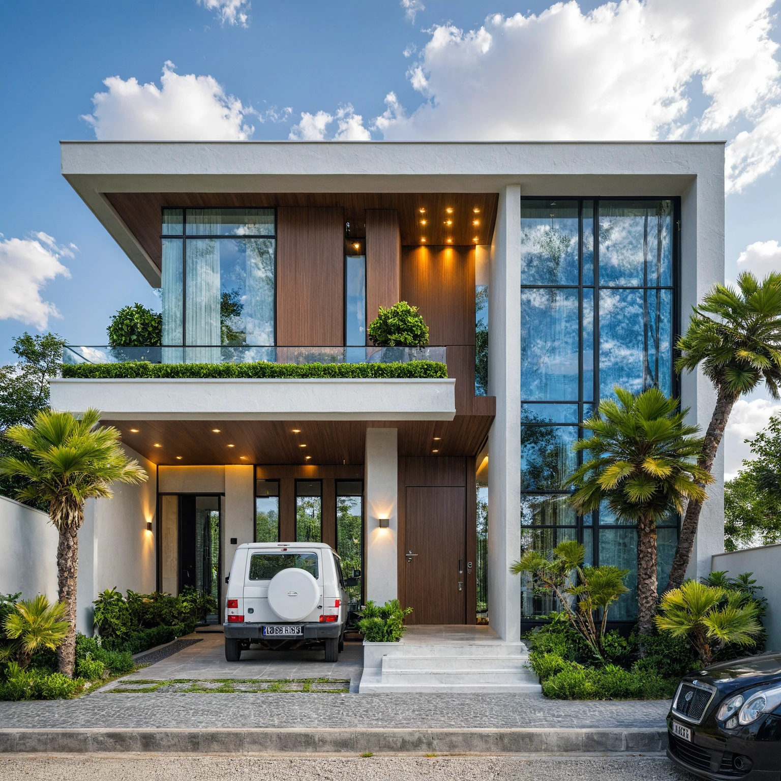 Masterpiece, high quality, best quality, authentic, super detail, outdoors, onestoreyvillaXL, aiaigroup, house style modern on the street ,stairs, white wall ,road,pavement, grass, trees, sky, cloud, (daylight:1.1)