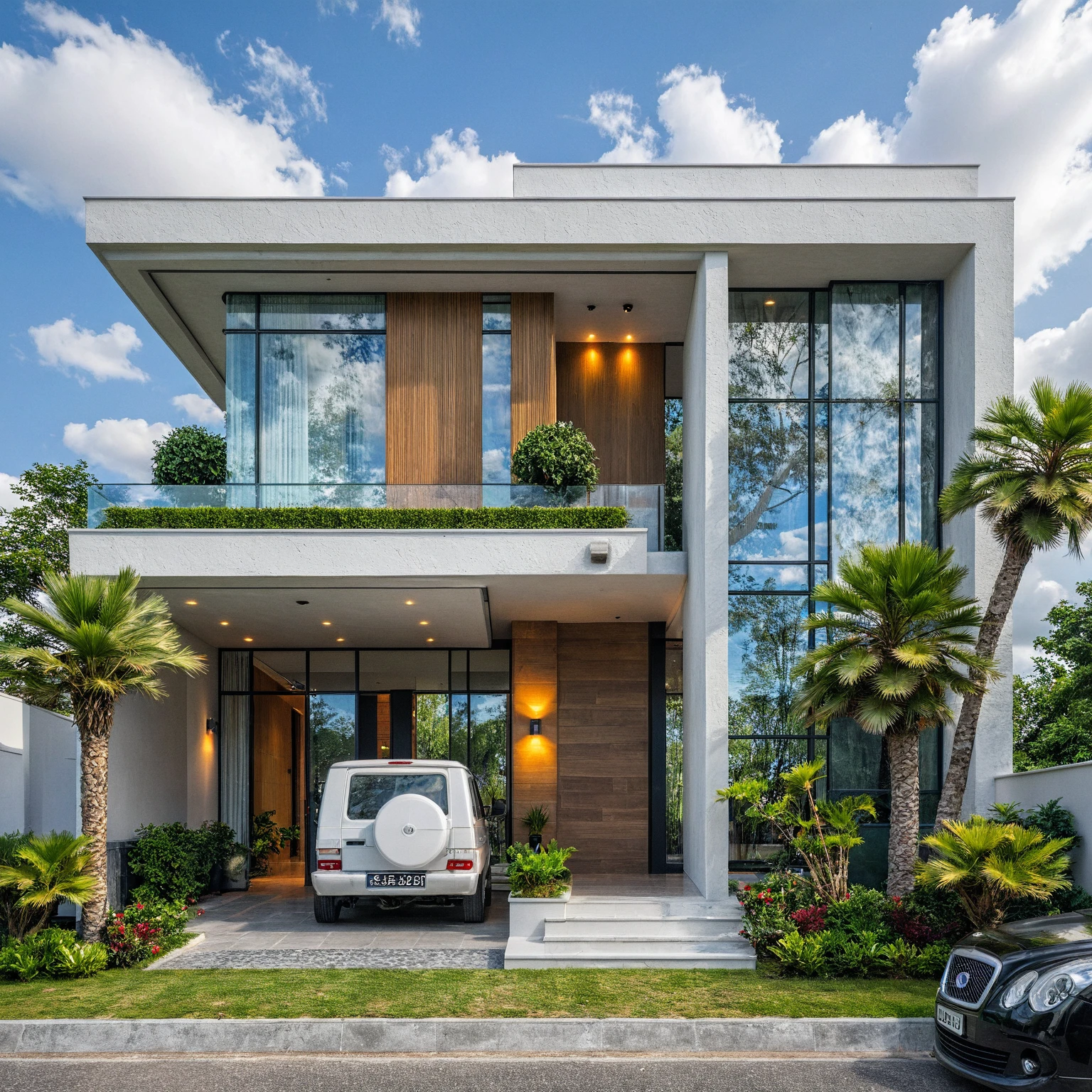 Masterpiece, high quality, best quality, authentic, super detail, outdoors, onestoreyvillaXL, aiaigroup, house style modern on the street ,stairs, white wall ,road,pavement, grass, trees, sky, cloud, (daylight:1.1)