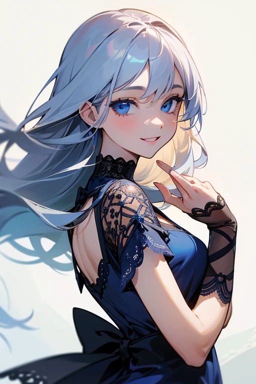 (masterpiece: 1.2, Highest quality), (Actual Photos, Intricate details), 1. woman, alone, Upper Body, casual, Shoulder-length hair, Minimal makeup, Natural materials, Face close-up, smile, Home, Long white hair、blue eyes, Shoulder Bare、Smiling with teeth showing、((Navy blue lace dress))、((blue eyes))、Keep the image of your face、((Butt-bang))