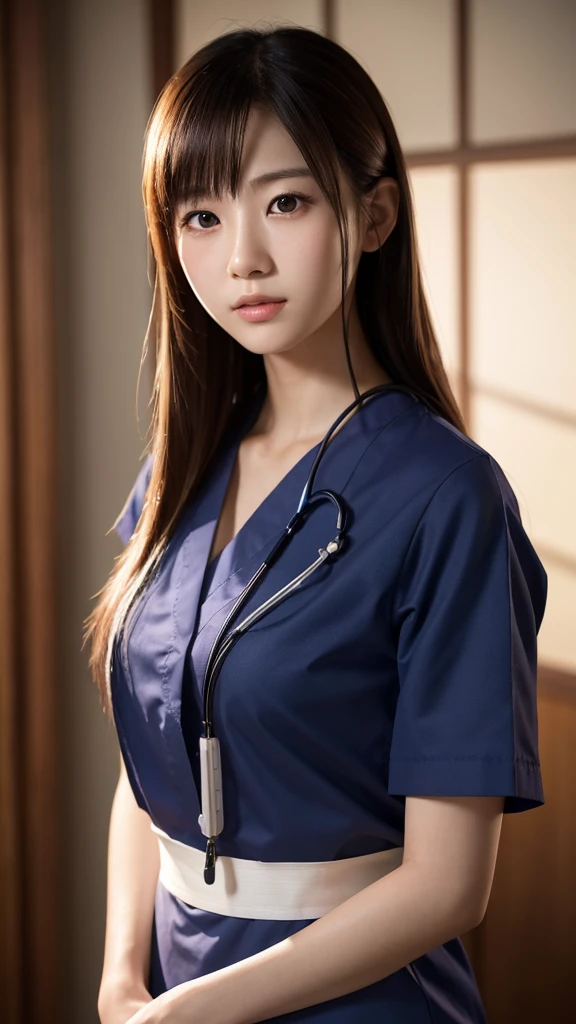 A beautiful young Japanese woman, around 20 years old, wearing a Nurses' Uniforms, ultra-detailed, 8K resolution, highly realistic, cinematic lighting, best quality, masterpiece, photorealistic, physically-based rendering, extremely detailed, vivid colors, professional, sharp focus, studio lighting
