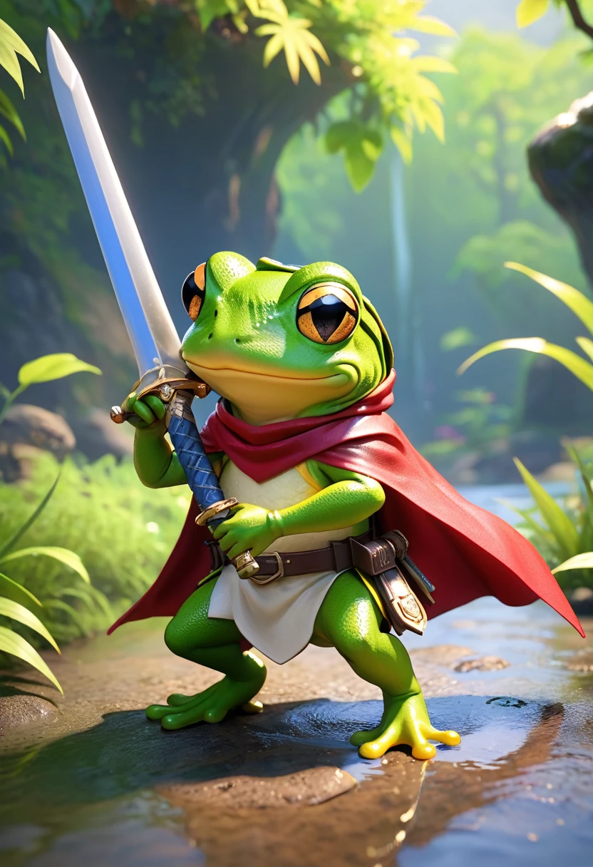 Esbian all over、Cool Frog、Pop Frog、Diorama、Simple Background、bandana、Holding a big sword in his hand、Brave、Cape、Best Quality, Capture the cutest moments, Depth of written boundary, Super detailed, Ultra-high resolution, Octadale, 8k, 16km race