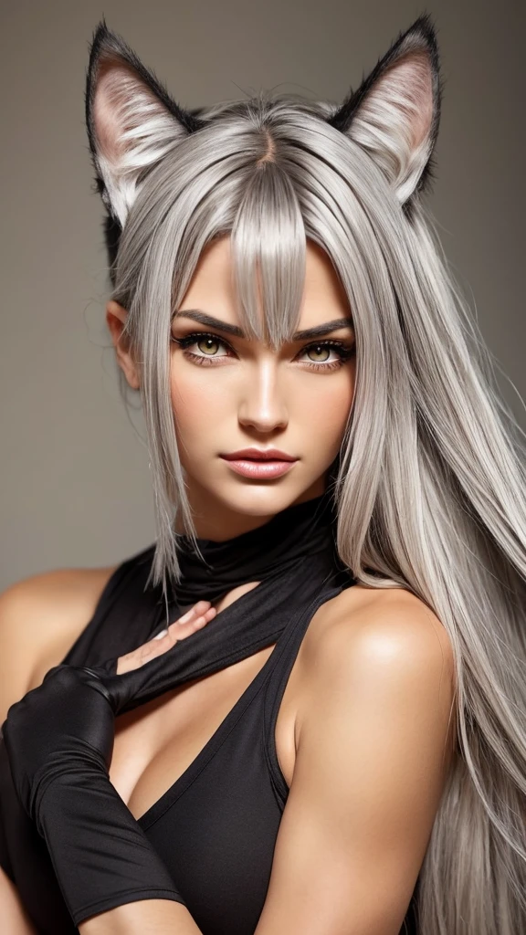 Gray hair. Tall athletic woman with cat ears. Cat girl with. Height 180cm. Amber eyes. Cat eye shape. Rough but beautiful facial features. European eye shape.