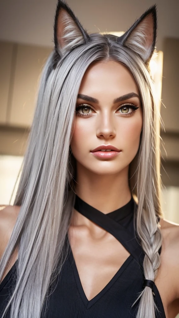 Gray hair. Tall athletic woman with cat ears. Cat girl with. Height 180cm. Amber eyes. Cat eye shape. Rough but beautiful facial features. European eye shape.