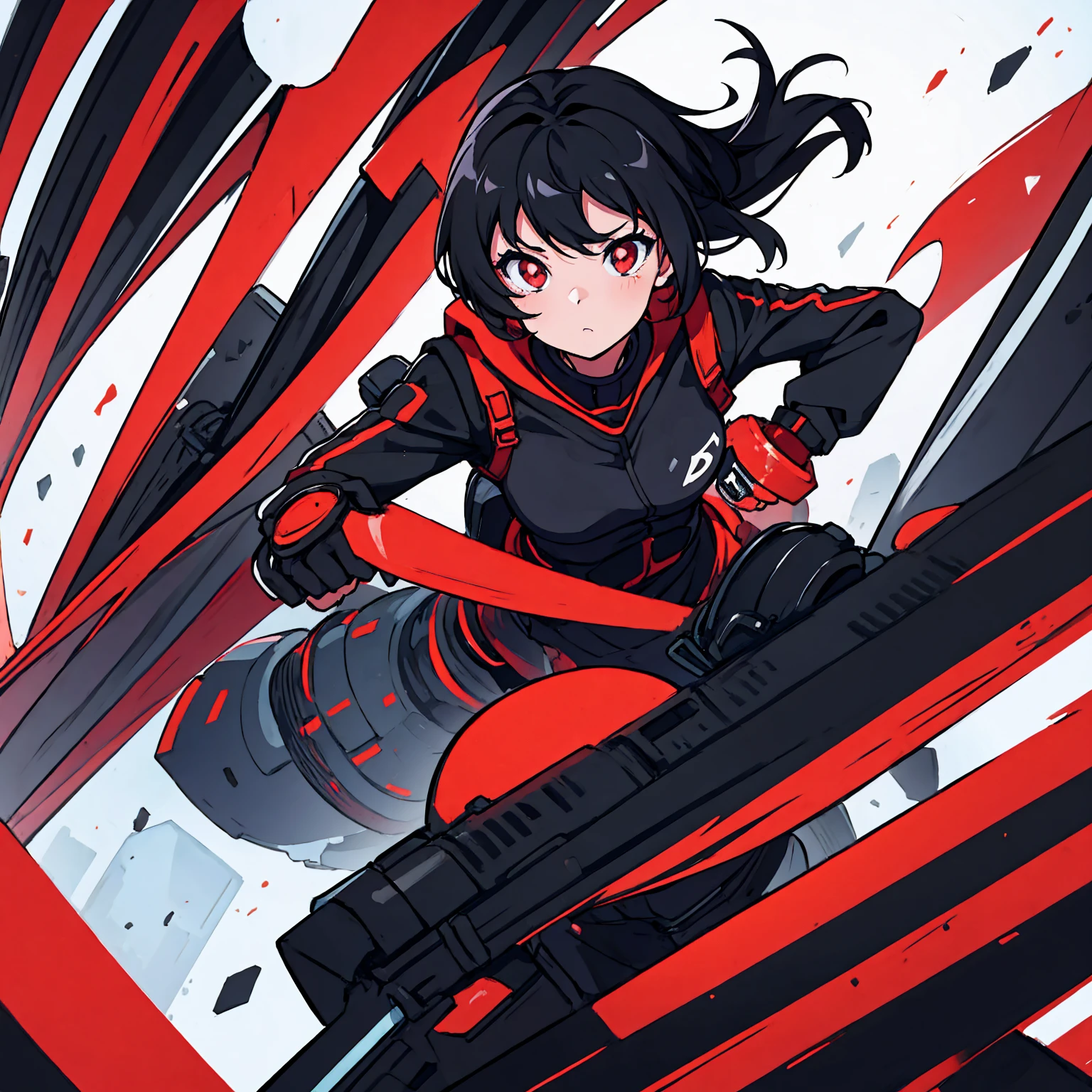 generic anime girl with black hair red eyes and black racing suit, clear background, character fitting in the image