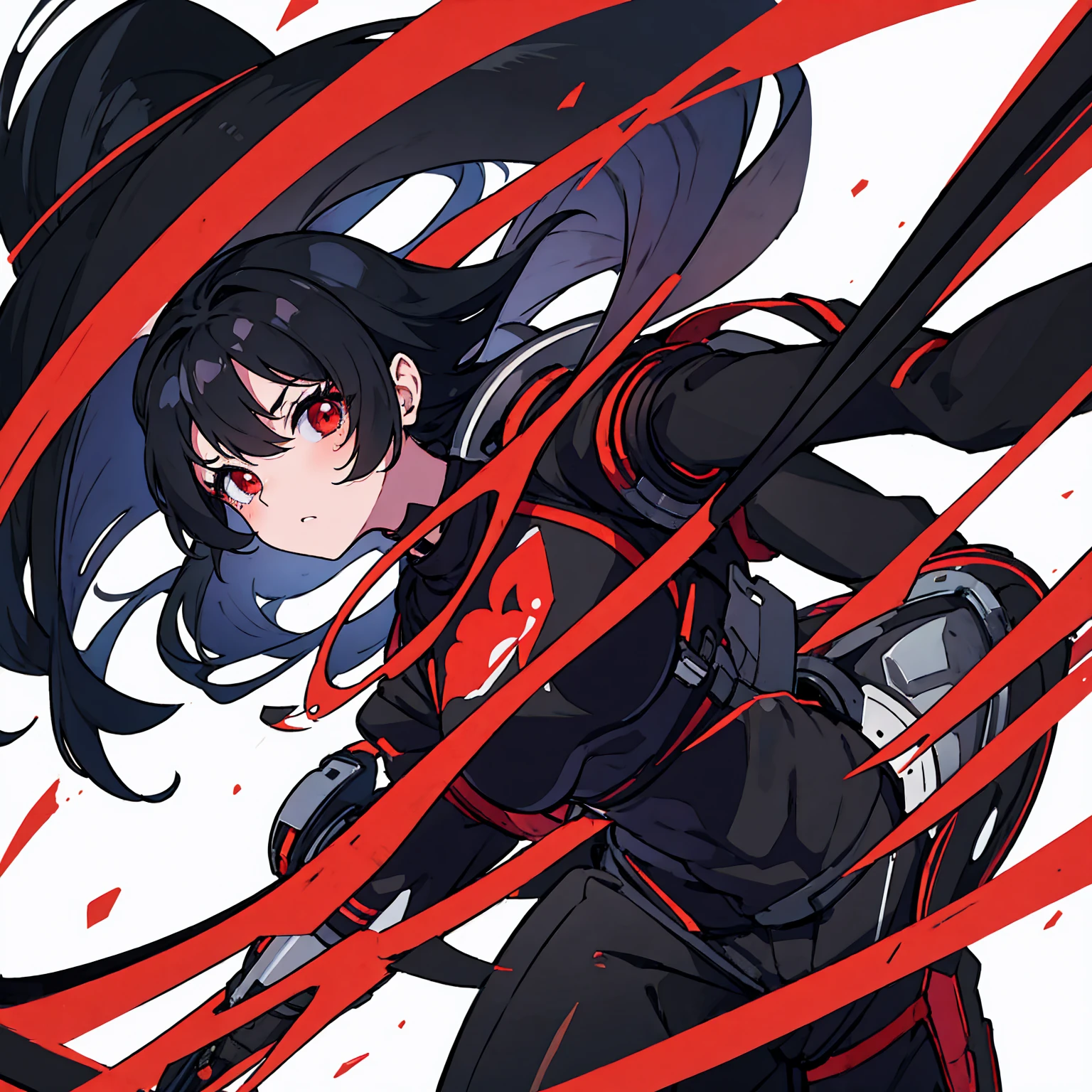 generic anime girl with black hair red eyes and black racing suit, clear background, character fitting in the image