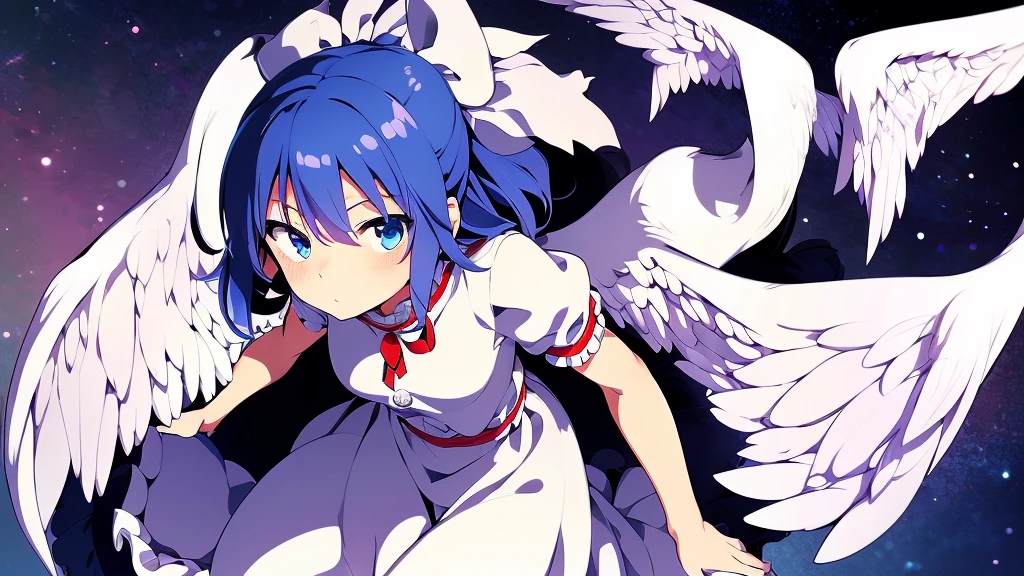 (best quality,4k,8k,highres,masterpiece:1.2), ultra-detailed, highly detailed texture, intricate details, A cute teenage angel with blue eyes, drawn in anime style, 1girl, , , 10 years old, medium blue hair, hair flaps, pink ribbon on head, well-formed face, blue eyes, angel girl, white blouse, puffy short sleeves, red ribbon, angel wings, long white skirt, red shoes, frills, ribbon head, A pair of angel wings on the back