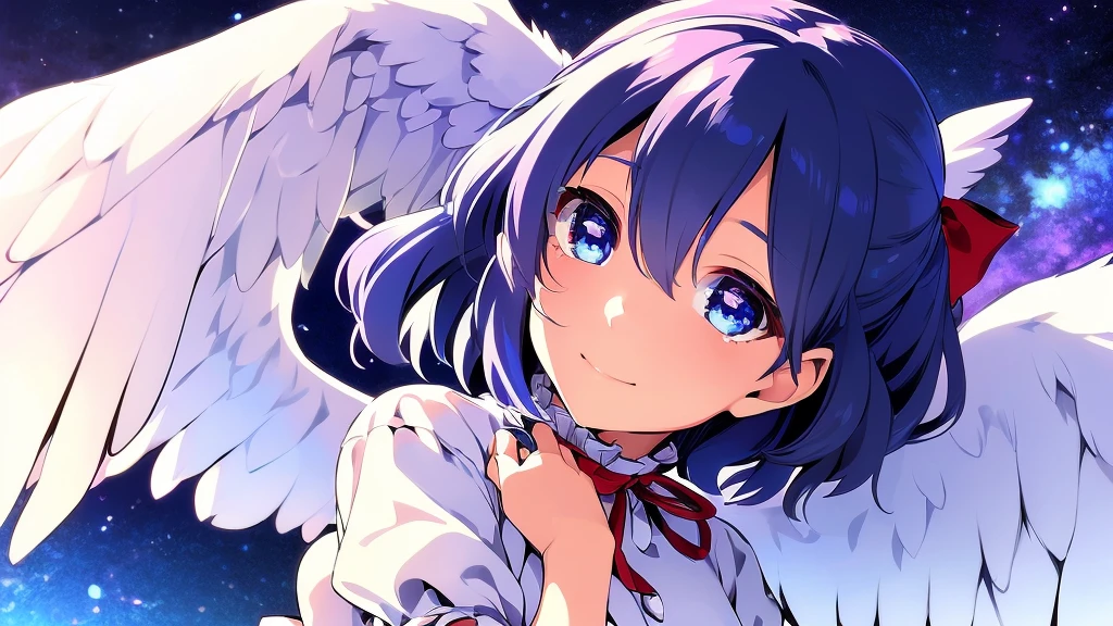 (best quality,4k,8k,highres,masterpiece:1.2), ultra-detailed, highly detailed texture, intricate details, A cute teenage angel with blue eyes, drawn in anime style, 1girl, , , 10 years old, medium blue hair, hair flaps, pink ribbon on head, well-formed face, blue eyes, angel girl, white blouse, puffy short sleeves, red ribbon, angel wings, long white skirt, red shoes, frills, ribbon head, A pair of angel wings on the back