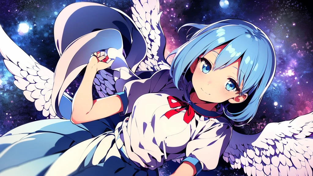 (best quality,4k,8k,highres,masterpiece:1.2), ultra-detailed, highly detailed texture, intricate details, A cute teenage angel with blue eyes, drawn in anime style, 1girl, , , 10 years old, medium blue hair, hair flaps, pink ribbon on head, well-formed face, blue eyes, angel girl, white blouse, puffy short sleeves, red ribbon, angel wings, long white skirt, red shoes, frills, ribbon head, A pair of angel wings on the back